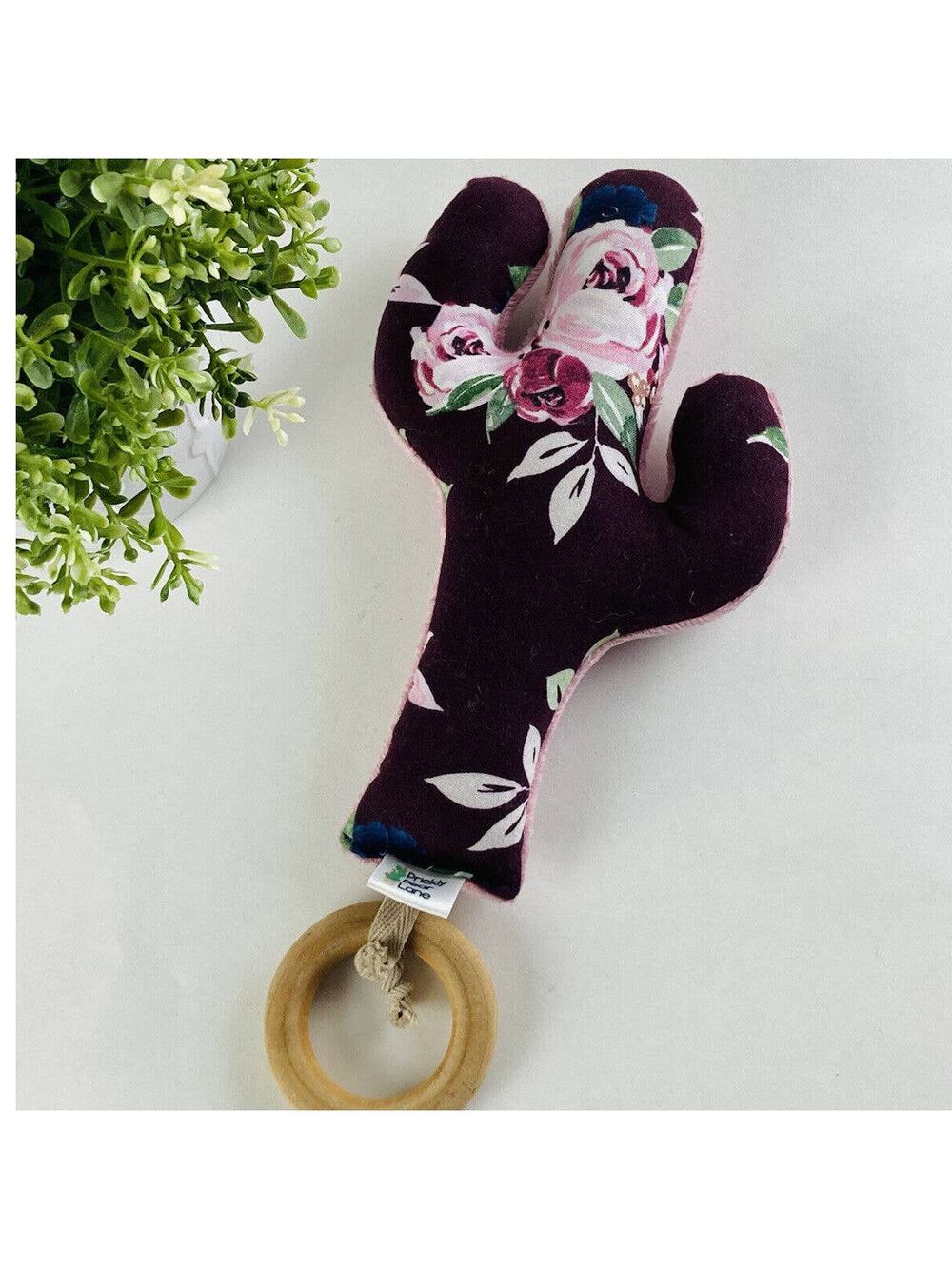 Beautiful Cactus Cloth Teething Rattle Wood Ring Purple Floral Natural Prickly P